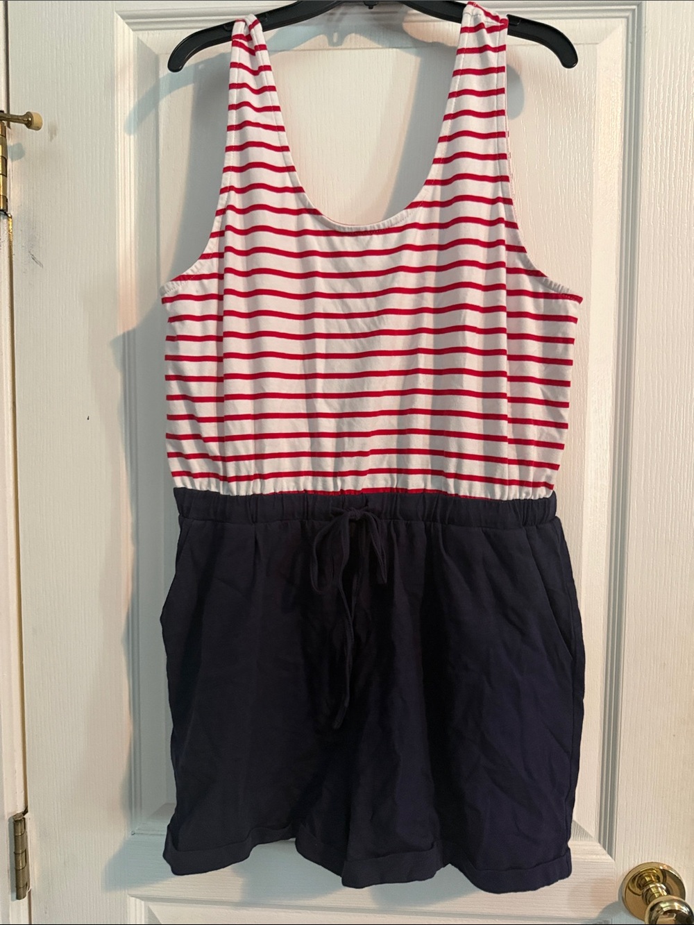 Womens Red & White Striped Tank Romper with Navy Bottoms with pockets